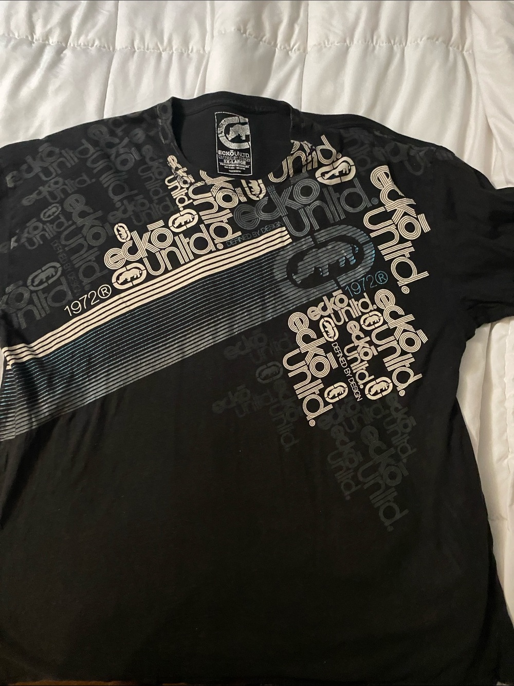 Ecko Unlimited Black V-Neck Tee with Silver and Blue Graphic